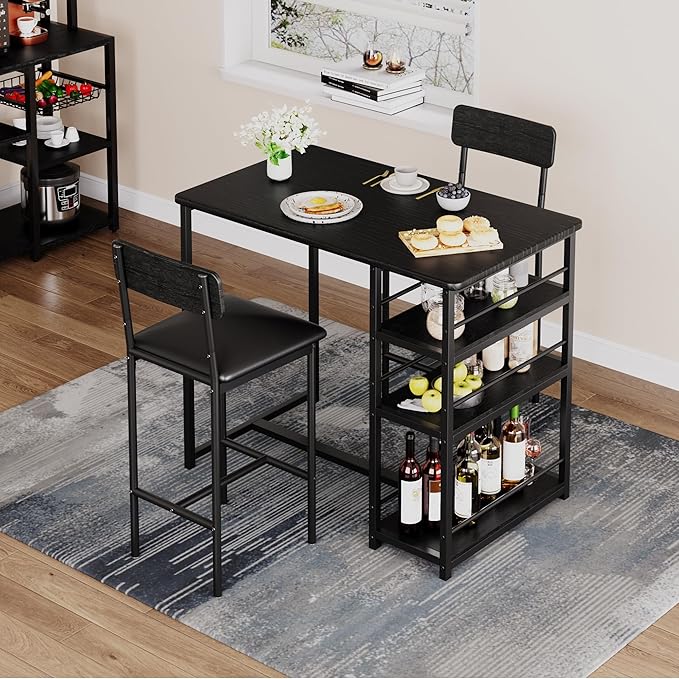 IDEALHOUSE Kitchen Table Set, Dining Table and Chairs for 2, 3 Piece Dining Room Table Set with 2 Upholstered Chairs, Bar Dining Table Set for Small Spaces, Apartment, Breakfast, Pub, Rustic Black