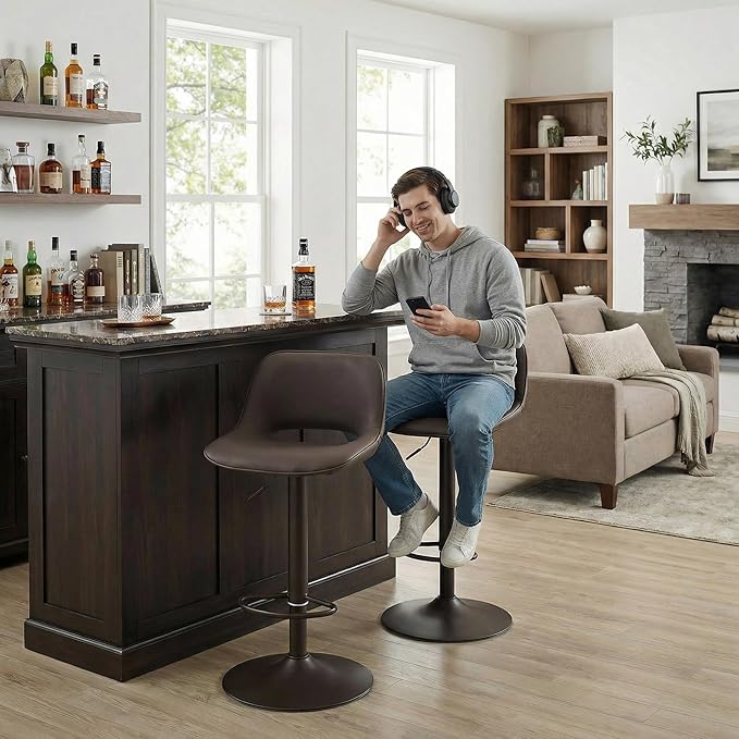 YOUNIKE Bar Stools Set of 2, Heigeht Adjustable Swivel Barstools, Counter Height Bar Stools Faux Leather Upholstered Counter Stools with Hollow Back for Kitchen Island, All Brown