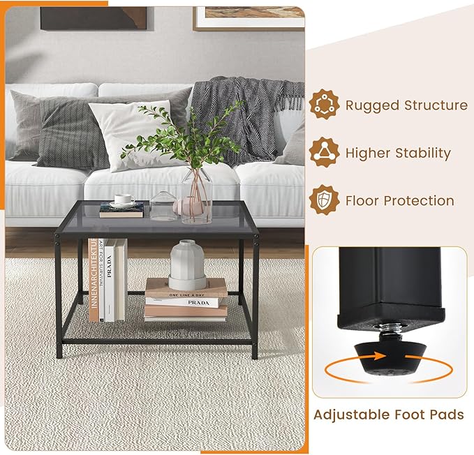 Giantex 27.5" Square Coffee Table - Tempered Glass Center Table w/Bottom Storage Shelf & Metal Frame, Modern Accent Table for Small Space, Living Room, Home, Office (2-Tier, Gray)