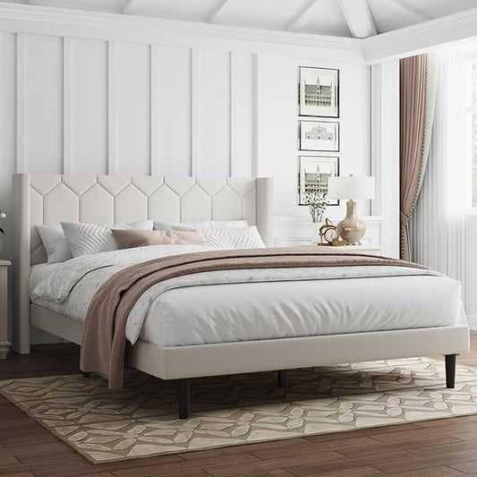 Queen Size Bed Frame with Headboard, Velvet Upholstered Platform Bed Frame No Box Spring Needed, Queen Sized Modern Bedframe with Strong Wooden Slats, Beige