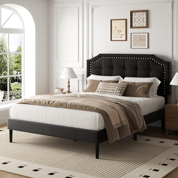 Queen Size Bed Frame, Queen Size Platform Bed Frame with Upholstered Button Tufted Headboard, Strong Wood Slats, No Box Spring Needed, Mattress Foundation, Easy Assembly Black