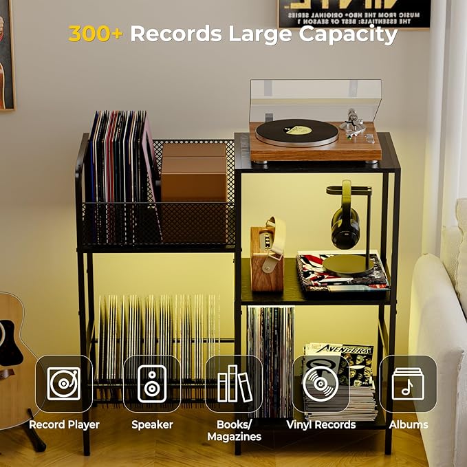 Record Player Stand with LED Light, Turntable Stand with Vinyl Storage - Up to 300+ Albums, 3-Tier Record Player Table Cabinet, Adjustable Shelf & V-Shaped Holder, Vinyl Display Shelf for Living Room