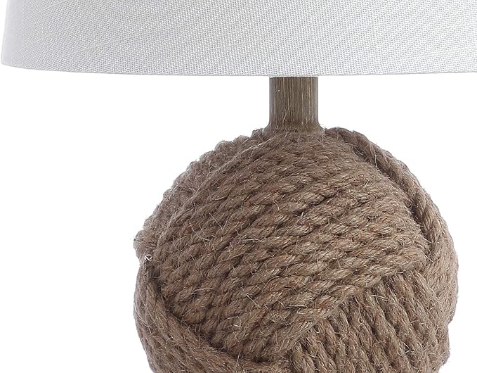 JONATHAN Y 18" Natural Monkey Fist Rope Ball LED Table Lamp, Coastal Nautical Iron and Rope Accent Lamp for Living Room Bedroom, White Linen Shade, LED Bulb Included JYL6500A
