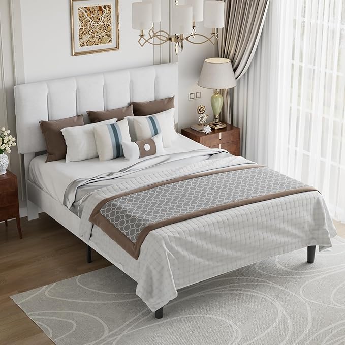 VECELO Full Bed Frame with Upholstered Headboard, Heavy-Duty Platform Bedframe with Strong Wooden Slats Support, No Boxing Spring Needed, Pure White