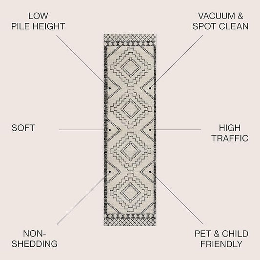 JONATHAN Y Amir Moroccan Beni Souk Cream/Black Runner Rug, 2x10, Bohemian, Scandinavian, Easy-Cleaning for Living Room, Bedroom, Kitchen, Pet Friendly, Non-Shedding (MOH200A-210)