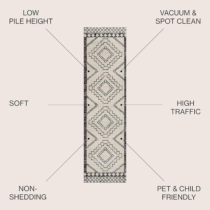 JONATHAN Y Amir Moroccan Beni Souk Cream/Black Runner Rug, 2x14, Bohemian, Scandinavian, Easy-Cleaning for Living Room, Bedroom, Kitchen, Pet Friendly, Non-Shedding (MOH200A-214)