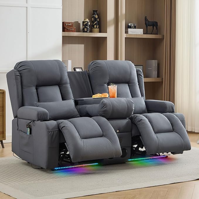 TUNYI Wall Hugger Loveseat Recliner Sofa with Console, Power Reclining Loveseat RV Couch with Massage & Heat/USB/Outlet/Storage/LED Light/Speaker (Blue)