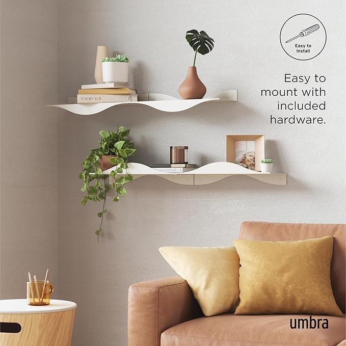 Umbra Surf Shelf Set of 2 – Sand Metal Floating Shelves for Wall Storage & Décor, Modern Wave Design, 100% Steel, Holds 15 lbs. Each, Easy Installation Shelving for Bedroom, Living Room & Office