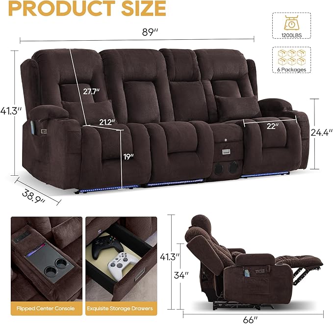 IPKIG Power Recliner Sofa with Flip-Up Backrest Console, USB & USB-C Ports, AC Outlet, LED Lights, Wall Hugger Recliners for Living Room, RV (Dark Brown, 89" - 4 Seat) | Velvet Fabric, Zero Gravity, Dual Reclining, 2 Lumabr Pillow, Bluetooth Speakers