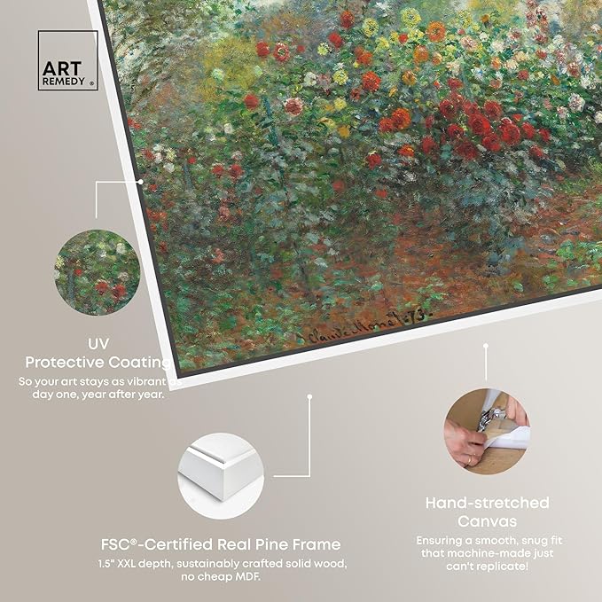 Art Remedy Monet-Garden With Dahlias Impressionism Classic Landscape Paintings Canvas Wall Art, White Floater Frame, 10"x15"