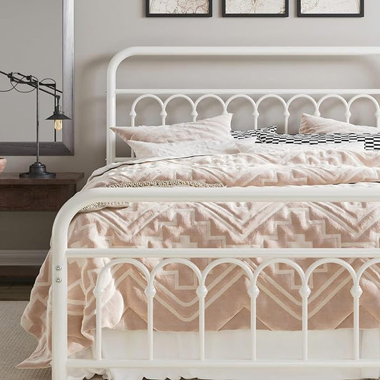 Allewie 14 Inches Queen Size Metal Platform Bed Frame with Victorian Style Curved Iron-Art Headboard/Footboard, Metal Slats Support, Easy Assembly, Under Bed Storage, No Box Spring Required, White