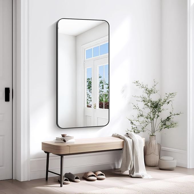 KOCUUY Black Bathroom Vanity Mirror, 24 x 48 inch Metal Frame Mirror with Rounded Corner, Rectangle Design of Upgraded Shatterproof Glass for Bathroom, Bedroom, Living Room, Entryway