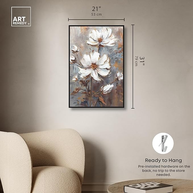 Art Remedy White Textured Flowers Canvas Elegant Floral Wall Art, Black Frame, 20" x 30"