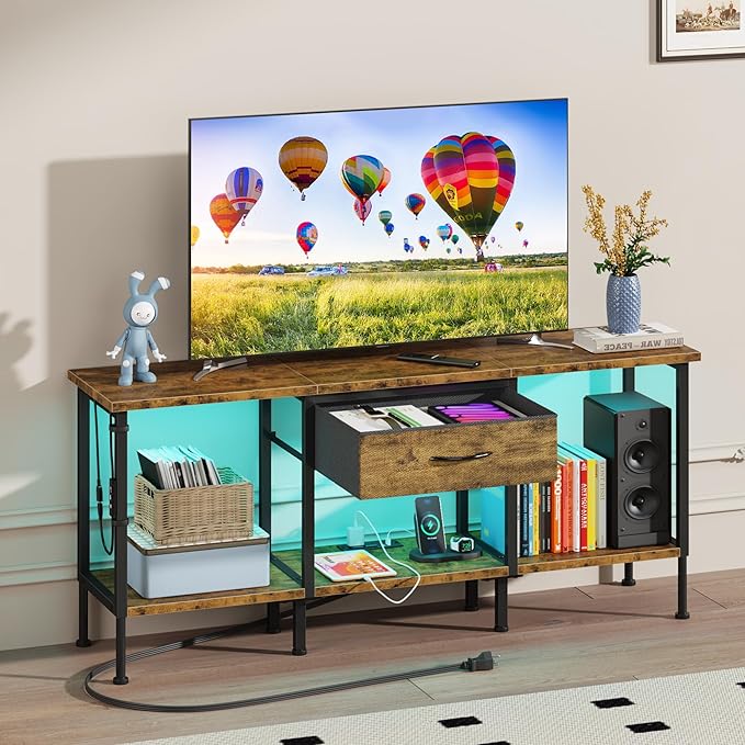 GYIIYUO LED TV Stand with Power Outlet and Fabric Drawer for 55 50 45 Inches TV - Entertainment Center and Industrial TV Console Table for Living Room, Bedroom- 47" Rustic Brown