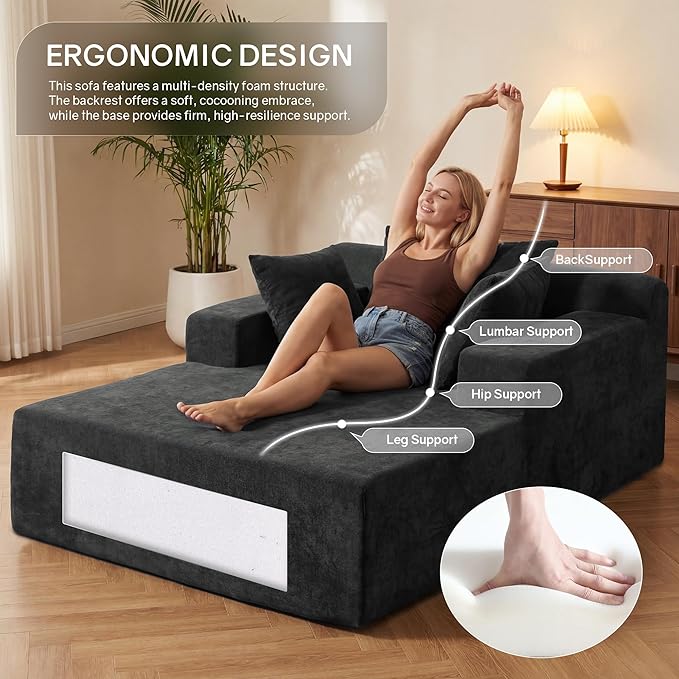 66" Chaise Lounge Chair Indoor, Oversized Boneless Lounge Chair with 3 Pillows, Chenille Cloud Reading Chair for Living Room Bedroom, Deep Seat Sleeper Couch, No Assembly Required | Breathable material