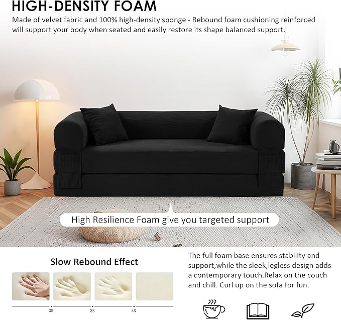 80" Convertible Sofa Bed, 3-in-1 Corduroy Folding Pull Out Couch with Pillows, No Assembly Modern Boneless Couch Compression Sofa in Box, Floor Sofa with Side Storage for Living Room,Black