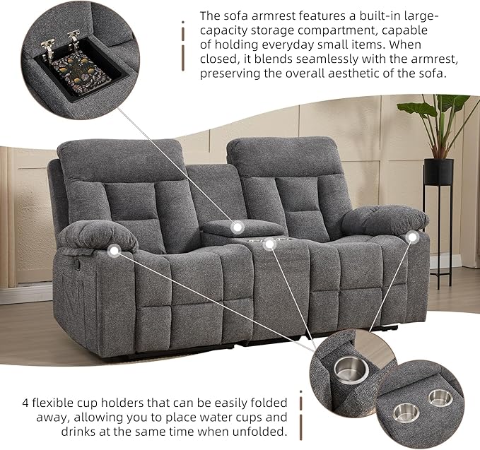 CANMOV Recliner Sofa Set, 3 Seat Recliner Sofa and Manual Loveseat with Overstuffed Armrest, Storage Console,Hidden Cup Holders, for Living Room,Grey