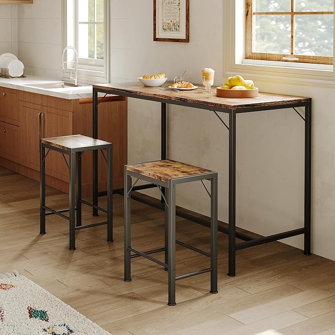 Homeiju Bar Table and Chairs Set, Bar Table with 2 Stools, Space-Saving Dining Pub Set for 2, Perfect for Kitchen, Breakfast Nook, Living Room & Small Spaces (Rustic Brown)