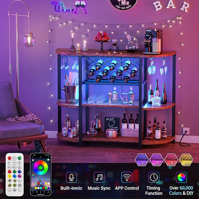 Unikito Wine Rack Table with Socket and LED Light, Floor Bar Cabinet for Liquor and Glasses, Wood Coffee Bar Table with Adjustable Wine Rack, FreeStanding Sideboard and Buffet Cabinet, Rustic