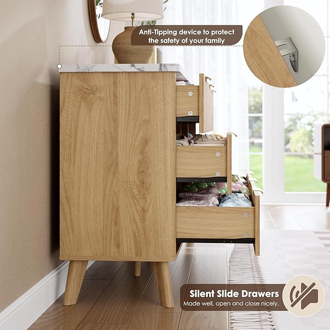 Garvee 9 Drawers Dresser for Bedroom, 60.6" Wide Dressers with Curved Profile Design, Fluted Wood Drawers with Gold Handle, Modern Chest of Dressers with Thickened Design for Living Room, Natural