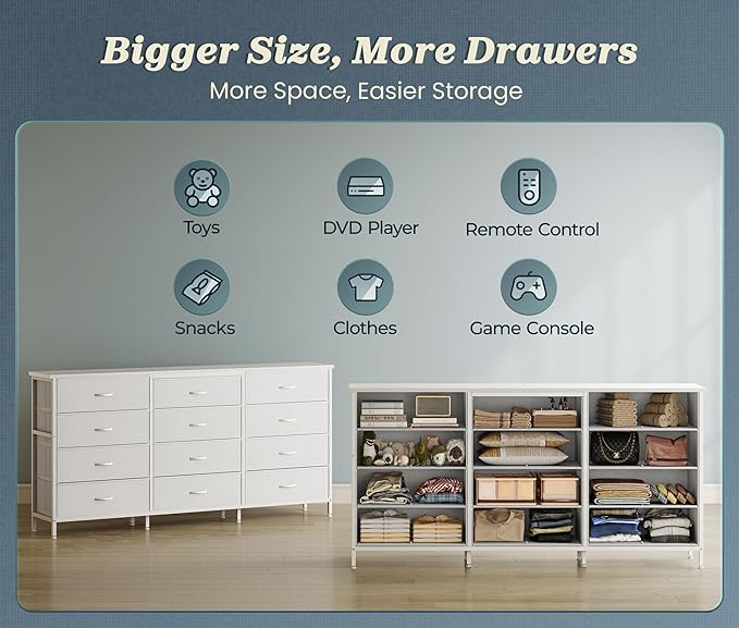 PRAISUN 63 Inch Long Dresser TV Stand for 65, 70 Inch TV, 12 Drawer Dresser for Closet, Bedroom, Large Fabric Drawers, Entryway Hallway Chest of Drawers, Wooden Top, Media Console, PU Leather, White