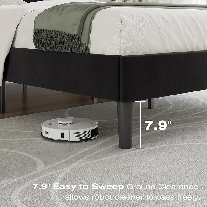 VECELO Queen Bed Frame with Upholstered Headboard, Heavy-Duty Platform Bedframe with Strong Wooden Slats Support, No Boxing Spring Needed, Velvet & Black