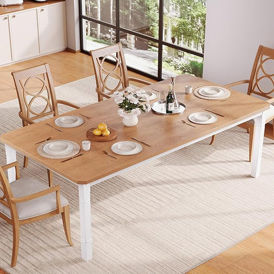 Garvee Large Dining Table for 6-8 People, 79" Wooden Kitchen Table with Sturdy Metal Frame, Dining Room Table for Dining Room, Kitchen, White Leg & Natural