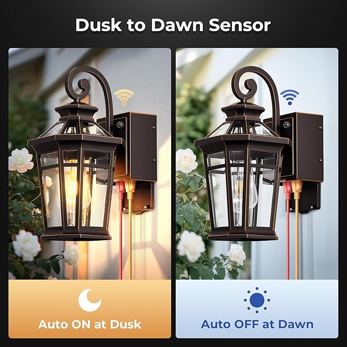 Outdoor Wall Light with GFCI Outlet, Oil Rubbed Bronze Dusk to Dawn Front Porch Light, Exterior Lighting Fixtures with Outlet, Outdoor Sconce Lights Wall Mount, Outside Lights for Patio, Garage