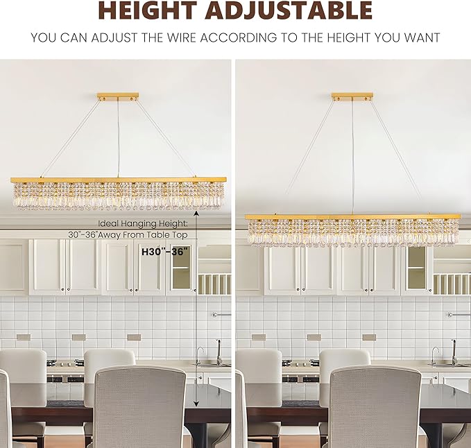 59-inch Modern Crystal Chandelier,13-Light K9 Crystal Rectangle Chandelier for Dining Room,Kitchen Island Adjustable Hanging Pendant Light Fixture,Gold Brass