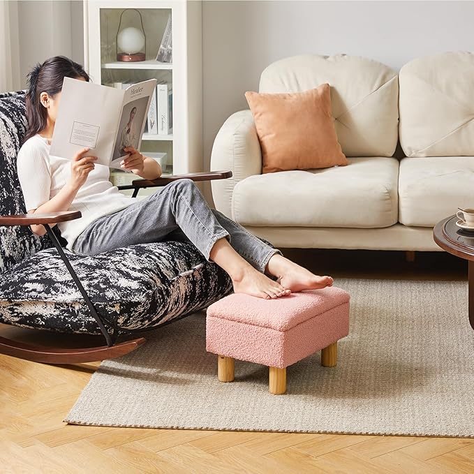 Teddy Velvet Small Ottoman Foot Rest, Foot Stools with Storage Small, Upholstered Rectangle Wood Ottoman with Safety Hinge Flip Top, Bed Stool for Bedroom Dorm Teddy Pink YD-JD136P