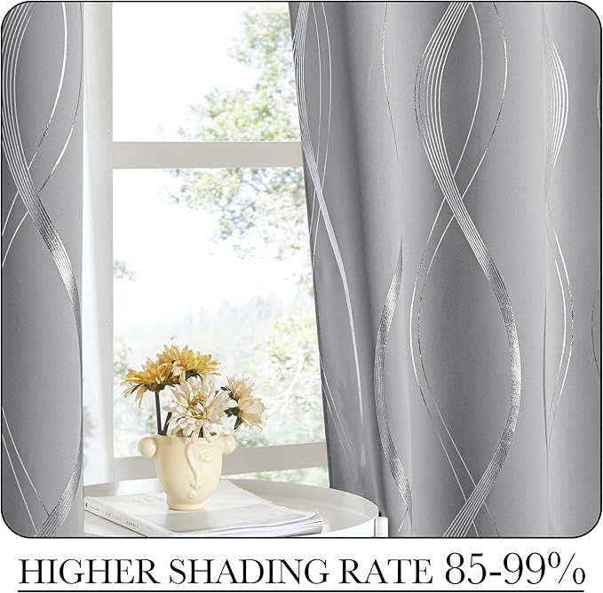NICETOWN Living Room Curtains 120 inches Long, Silver Grey, 2 Panels, 52" Wide, Extra Long Blackout Drapes for Large Window, Foil Printed Wave Lines Energy Saving Thermal Insulated Draperies
