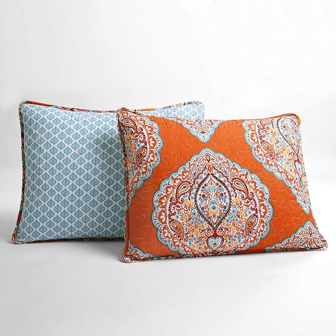 Lush Decor Harley Reversible Quilt Set, 5 Piece Set, King, Tangerine - Boho Bedding Set - Orange Quilt - Bold & Colorful Paisley Quilt - Maximalist & Boho Bedroom Decor