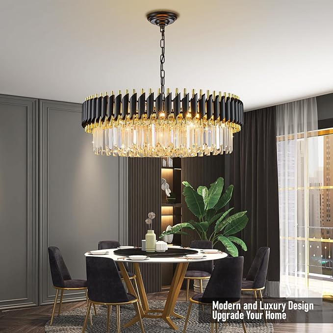 Black and Gold Crystal Chandelier 30'' K9 Crystal Luxury Round Pendant Lights Adjustable 6-Tier 12-Lights Large Modern Crystal Chandelier Light for Dining Room Living Room Foyer Entryway