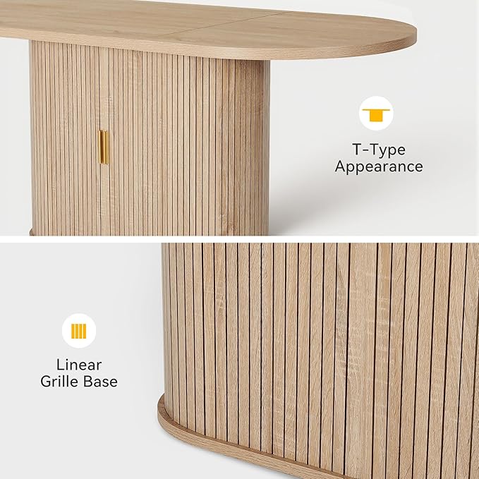 DWVO 70.9" Oval Dining Table for 6-8, Modern T-Shaped Kitchen Table with Storage Shelves & Pedestal Base, Multi-Purpose Dinner & Office Table, Light Oak