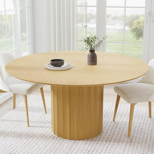 Casaphoria 60" Round Dining Table, Modern Wood Kitchen Table with Cylindrical Wide Bar Concave Base for Living Room & Dining Room, Easy Assembly Farmhouse Furniture for 4-6, Oak