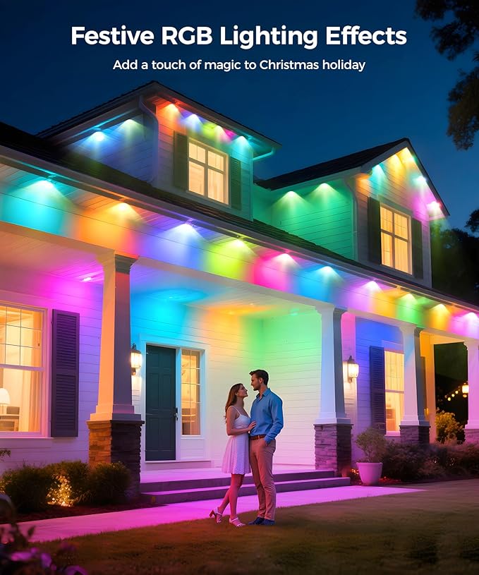 POOFZY Permanent Outdoor Lights for House,49ft RGB+IC Smart Outdoor Decor, 50 Scene Modes,App/Remote Control,IP67 Waterproof,for Christmas,Halloween,Daily & Holiday Party Decor,House Roof Lighting