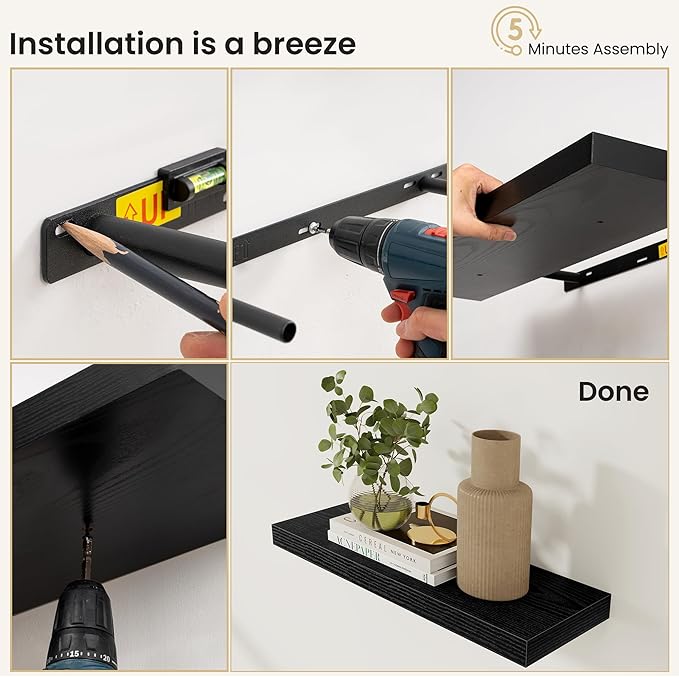 Fun Memories Floating Shelves for Wall, Rustic Wood Wall Mounted Shelves for Bathroom, Bedroom, Living Room & Kitchen, Storage Display Shelves, (Set of 2, Black, 66 in)
