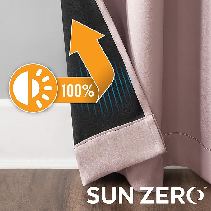 Sun Zero Nordic 2-pack Theater Grade Extreme 100% Blackout Grommet Curtain Panel Pair, 52" x 108", Blush