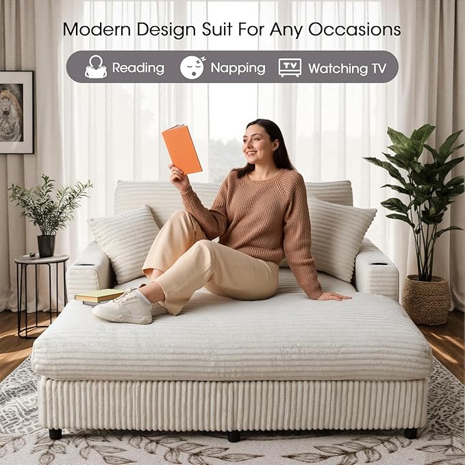 Eafurn 64" Oversized Chaise Lounge Chair Indoor, Plush Corduroy Upholstered Sofa Bed with Pillows & 2 Cup Holders, Extra Wide Deep Seat Sleeper Couch Recliner Chair for Living Room | Removable Cushions, Wooden Frame, Solid Legs
