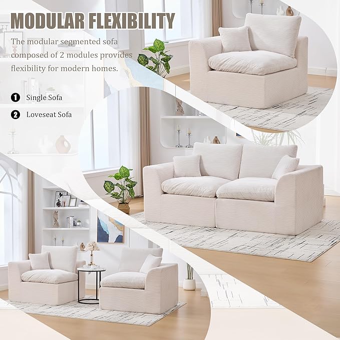 80.3" Cloud Loveseat Boneless Sofas for Living Room, 2 Seaters Modular Foam Cloud Sofa Couches, 2 Seat Compression Foam Couch with Toss Pillows, No Assembly Required