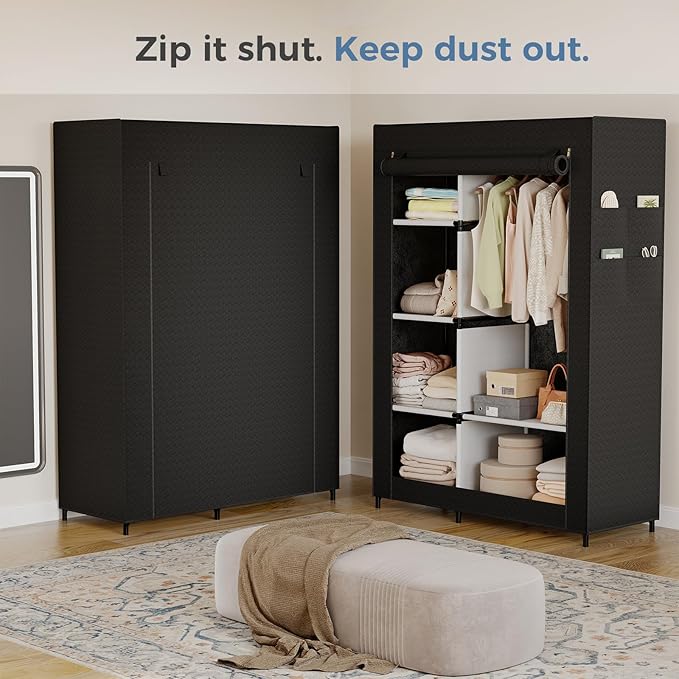 DUMOS Portable Wardrobe Closet with Cover, Freestanding Portable Garment Rack, Portable Closet Wardrobe for Clothes Storage, Clothes Organizer for Bedroom, Dorm, Apartment, Black.