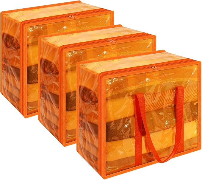 Vieshful Orange 40L Clear Clothes Storage Bag Colorful Clothes Organizer with Zipper Vinyl Storage Bag for Comforter, Blanket, Bedding, Duvet, Transparent Moving Totes 3 Pack