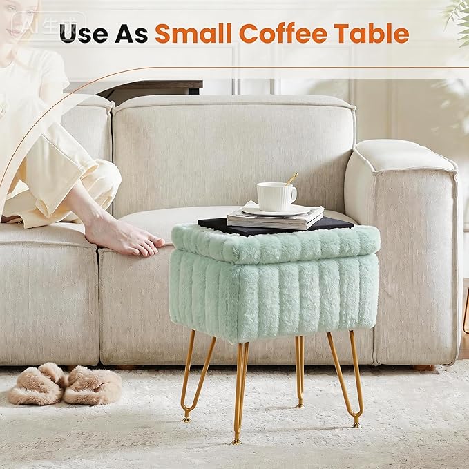 DUMOS Vanity Stool Chair, Ottoman with Storage, Makeup Cute Soft Small Footstool, Modern Style Faux Fur Seat with 4 Metal Legs & Adjustable Feet for Dressing, Living Room, Bedroom, Dorm, Green