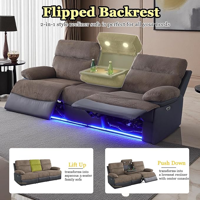 A Ainehome Power Recliner Sofa with LED Light, Living Room Furniture Sets, Power Reclining Sectional Sofa Couches for Living Room/Office/RV with USB Port/Hidden Storage