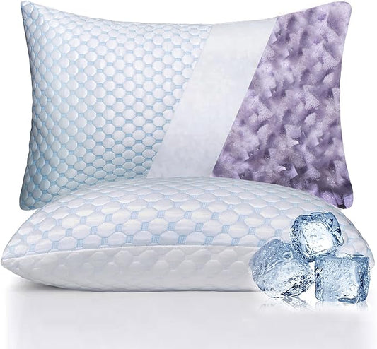 Premium Adjustable Shredded Memory Foam Pillow - Suitable for Side, Back, and Stomach Sleepers, with Cooling Fiber Machine Washable Cover (King-2PCS-Lavender)