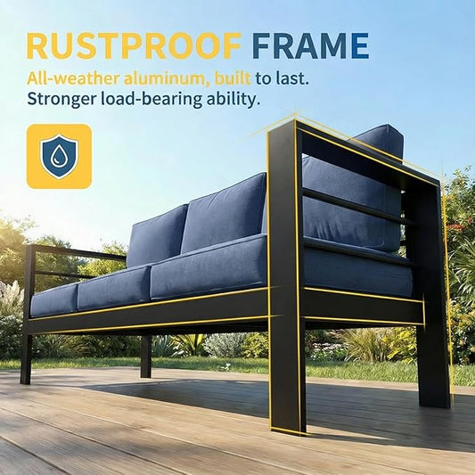 Wisteria Lane Aluminum Outdoor Patio Furniture Set, Modern Patio Conversation Sets, Outdoor Sectional Metal Sofa with 5 Inch Cushion and Coffee Table for Balcony, Garden, Black Frame & Blue Cushion