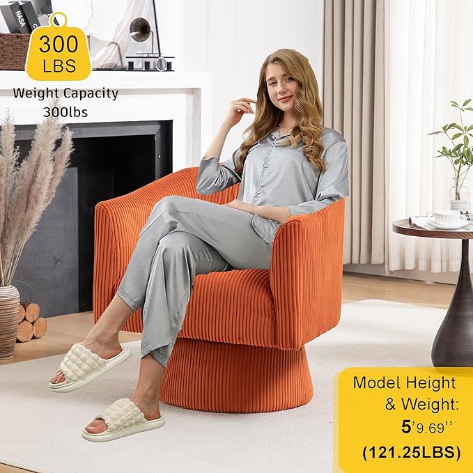 Swivel Accent Chair, Modern 360° Barrel Chair, Corduroy Upholstered Single Sofa for Living Room, Bedroom(Orange)