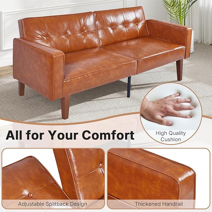 Adjustable Backrest Convertable Sofa, Modern PU Leather 2-Seat Futon Sofa, Convertible Faux Leather Sleeper Couch with Armrests, Couch for Living Room Home Office Spaces