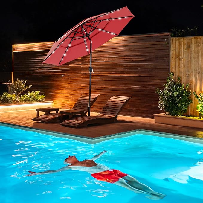 DUMOS 10FT 3 Tier Patio Umbrella with 32 LED Lights, 8 Ribs Outdoor Table Umbrella with Crank, Waterproof Market Umbrella for Pool, Beach, Terrace and Outdoor Restaurant, Red