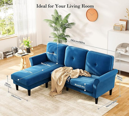 Kidirect 83" Sectional Couch, Velvet L-Shaped Couch 3 Seater Sectional Couches for Living Room, Comfy Fluffy Deep Seat Loveseat, Modular Sectional Sofa with Ottoman for Apartment Office, Blue Couch